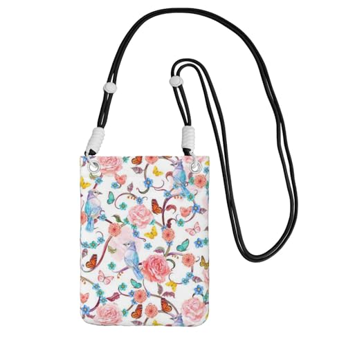Kleine Umhängetasche, zum Tragen einer Handytasche, diagonal, romantisch, ausgefallene Blumen, Vögel, Schmetterling, Mini-Schultertasche, Geldbörse, Smartphone-Geldbörse von SMSJTMWHN