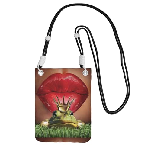 Kleine Umhängetasche, zum Tragen einer Handytasche, diagonal, rote Lippen, Getting Ready to Kiss A Frog, Mini-Schultertasche, Geldbörse, Smartphone-Geldbörse von SMSJTMWHN