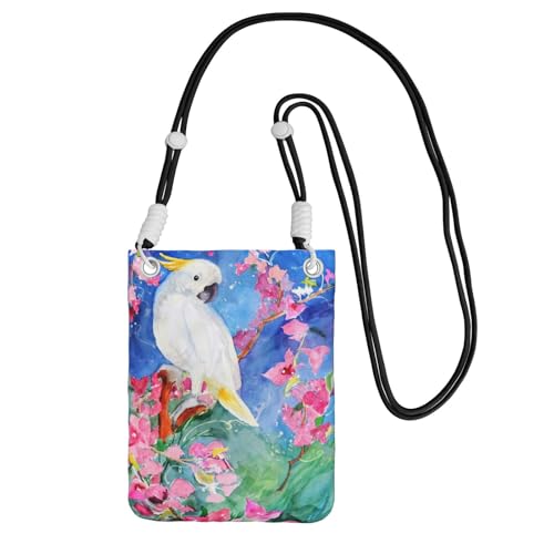 Kleine Umhängetasche, zum Tragen einer Handytasche, diagonal, schöne Kakadu, Vogel, Blume, Mini-Schultertasche, Geldbörse, Smartphone-Geldbörse von SMSJTMWHN