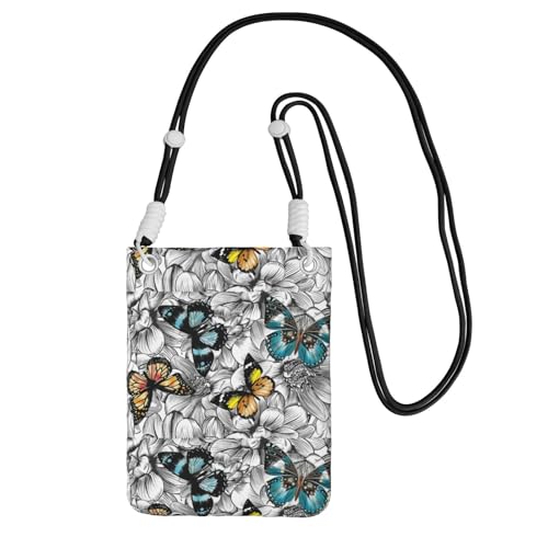 Kleine Umhängetasche, zum Tragen einer Handytasche, diagonal, violette Schmetterlinge, Blumenmuster, Mini-Schultertasche, Geldbörse, Smartphone-Geldbörse von SMSJTMWHN