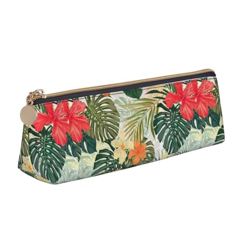 SMSJTMWHN Dreieckiges Federmäppchen mit Vegetationsblättern und Hibiskusblüten, Leder-Federmäppchen, Kosmetiktasche, Schreibtisch, Schreibwaren, Organizer, Box für Büro, Damen und Herren von SMSJTMWHN