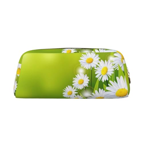 SMSJTMWHN Federmäppchen aus Leder mit Blumenmuster und Gänseblümchen, geräumiges und stilvolles Federmäppchen mit Reißverschluss von SMSJTMWHN