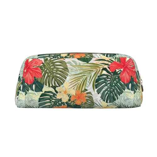 SMSJTMWHN Federmäppchen aus Leder mit Vegetationsblättern und Hibiskusblüten, geräumiges und stilvolles Federmäppchen mit Reißverschluss von SMSJTMWHN