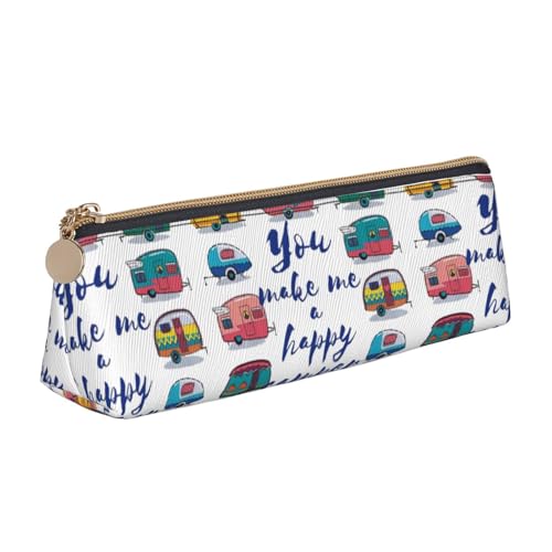 SMSJTMWHN Federmäppchen mit Aufschrift "You Make Me Happy Camper", dreieckig, Leder, Stifteetui, Kosmetiktasche, Schreibtisch, Schreibwaren, Organizer, Box für Büro, Damen und Herren von SMSJTMWHN