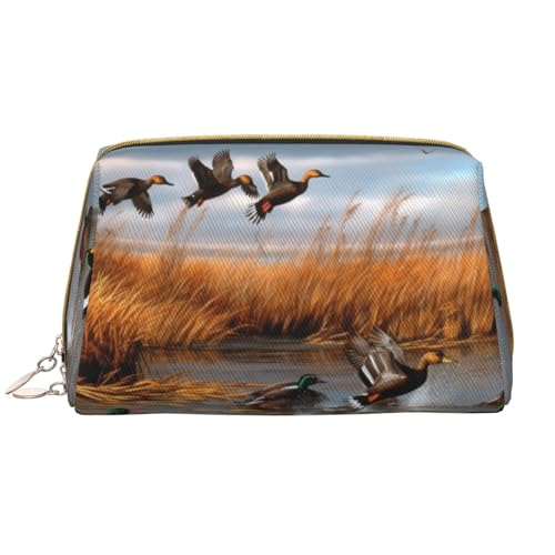 SMSJTMWHN Makeupbag aus Leder mit Jagd-Motiv "fliegende Wildente", stilvolle und langlebige Leder-Make-up-Tasche, mehrere Fächer, wasserabweisend, Organizer mit hoher Kapazität für Reisen und Zuhause, von SMSJTMWHN