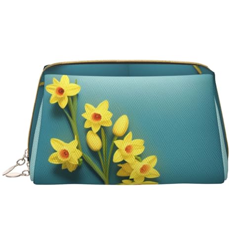 SMSJTMWHN Stilvolle und langlebige Leder-Make-up-Tasche mit Narzissen-Motiv, mehrere Fächer, wasserabweisend, Organizer mit hoher Kapazität für Reisen und Zuhause, Weiss/opulenter Garten, von SMSJTMWHN