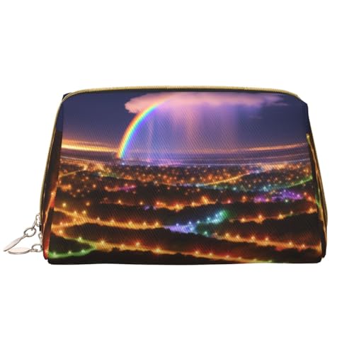 SMSJTMWHN Stilvolle und langlebige Leder-Make-up-Tasche mit Regenbögen und Lichtern, mehrere Fächer, wasserabweisend, Organizer mit hoher Kapazität für Reisen und Zuhause, Weiss/opulenter Garten, von SMSJTMWHN