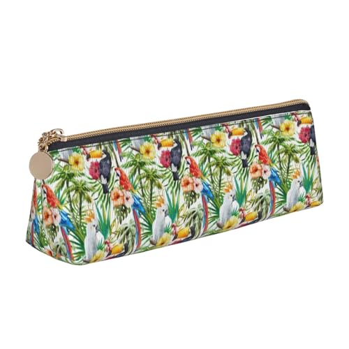 SMSJTMWHN Tukane Papagei Palme Blätter Druck Dreieck Federmäppchen Leder Stifttasche Kosmetiktasche Schreibtisch Schreibwaren Organizer Box Halter für Büro Damen Herren von SMSJTMWHN