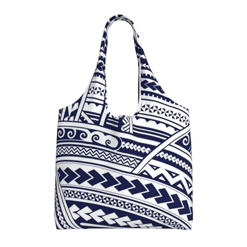 SMSJTMWHN Wiederverwendbare Einkaufstasche für die Küche, blau, polynesisches Maori-Stammesmuster, Leinen-Tragetasche, ästhetisch, wiederverwendbar, Schultertasche für Fitnessstudio, Reisen, Arbeit von SMSJTMWHN