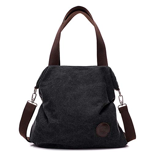 Canvas Damen Handtasche Schultertasche Frauen Casual Umhängetaschen Tote Hobo Bag Groß für Arbeit Schule Shopper Ausflug Schwarz von SMT