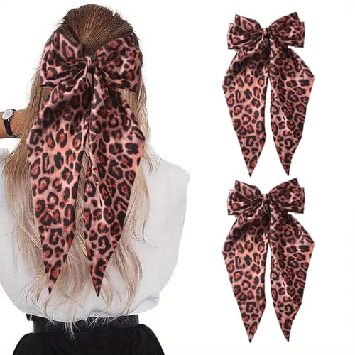 2 Stück Haarschleife Damen Leoparden Haarspange mit Großer Schleife Satin Schleife mit langen Bändern Haarschmuck Tierdruck Bowknot Haarclips Haarklammern Groß Stoff Pferdeschwanzschleife von SMTCM