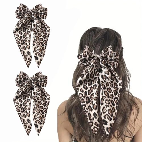 2 Stück Haarschleife Damen Leoparden Haarspange mit Großer Schleife Satin Schleife mit langen Bändern Haarschmuck Tierdruck Bowknot Haarclips Haarklammern Groß Stoff Pferdeschwanzschleife von SMTCM
