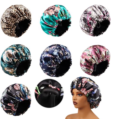2 Stück Schlafmütze Satin Bonnet Schlafhaube Verstellbar Doppellagig Schlafkappe Bedruckte Haarhaube Schlafmütze mit Kordelzug Seidenhaube zum Schlafen Nachtmütze Duschmütze Damen Haarschutz von SMTCM