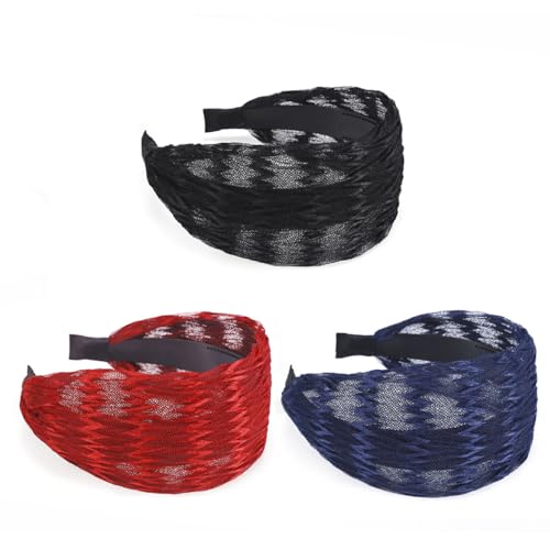 3 Pcs Damen Breiter Haarreif Spitze Welle Muste Haarbänd Breitseite Haarreifen mit Zähnen Rutschfestes Haarschmuck Haarkranz Vintage Kopfband mit Plissierter Spitzenhaarbänd Haarreifen Mädchen von SMTCM