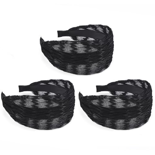 3 Pcs Damen Breiter Haarreif Spitze Welle Muste Haarbänd Breitseite Haarreifen mit Zähnen Rutschfestes Haarschmuck Haarkranz Vintage Kopfband mit Plissierter Spitzenhaarbänd Haarreifen Mädchen von SMTCM