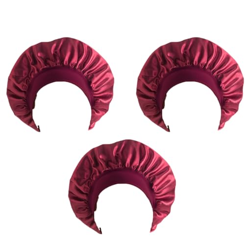 3PCS Schlafmütze Satin Haarhaube Bonnet Silk Schlafhaube Elastisch Schlafkappe Seidenhaube zum Schlafen Nachtmütze mit Breitem Gummiband Wickelmützen Duschmütze Cap für Damen Mädchen Haarschutz von SMTCM