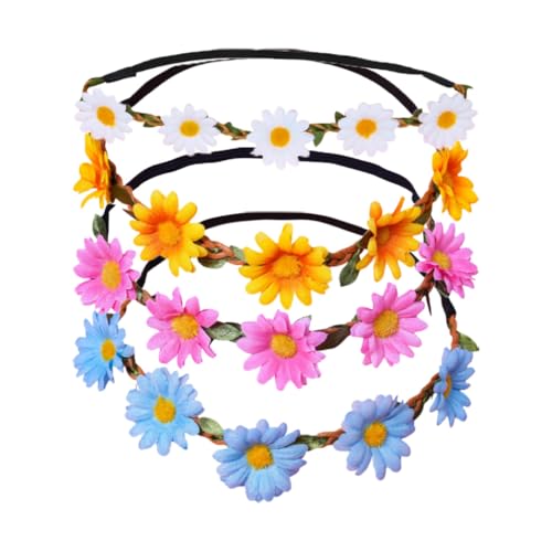 4 Pcs Stirnband Blumen Kinder Blumenkrone Gänseblümchen Haarband Brautkranz Boho Elastische Blumenkranz Feen Kopfschmuck Mädchen Haarkranz Girland Blüten Haarreif für Hochzeit Strand Party von SMTCM
