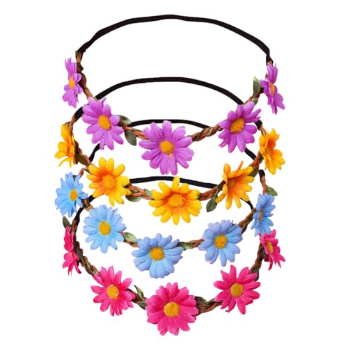 4 Pcs Stirnband Blumen Kinder Blumenkrone Gänseblümchen Haarband Brautkranz Boho Elastische Blumenkranz Feen Kopfschmuck Mädchen Haarkranz Girland Blüten Haarreif für Hochzeit Strand Party von SMTCM