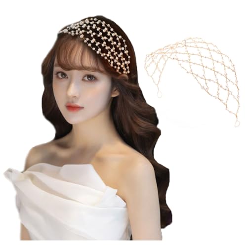 Braut Perlen Mesh Haarband Gitter Perle Haarkranz Hochzeit Vintage Breiter Haarreif Glitzer Perlen Strass Stirnbände Kopfschmuck Netz Pearl Haarschmuck Perlenhaarreifen für Damen Mädche Party von SMTCM