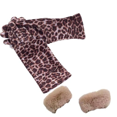 SMTCM 1 Paar Leoparden Handschuhe Damen Wildlederhandschuhe Kurz Tierdruck Samthandschuhe Warme Winterhandschuhe mit Leopardenmuster Kunstfellbesatz Leopard Gloves für Frauen Outdoor Reiten Party von SMTCM
