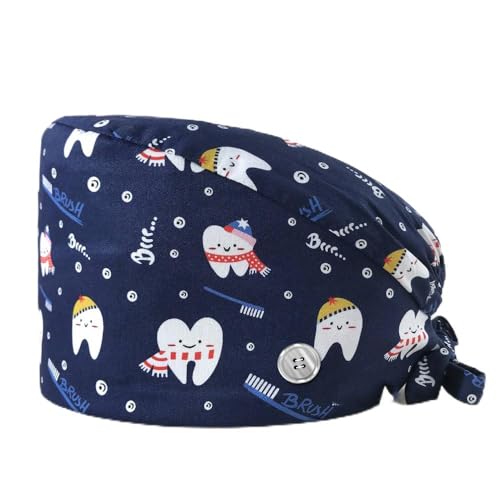 2 Stück Zähne Bedruckte Scrubs Mütze mit Knöpfen Verstellbare Baumwoll Scrub Cap Bouffant Mütze Damen Scrubs Hüte Unisex Stillkopfbedeckung,I,Einheitsgröße von SMTSEC