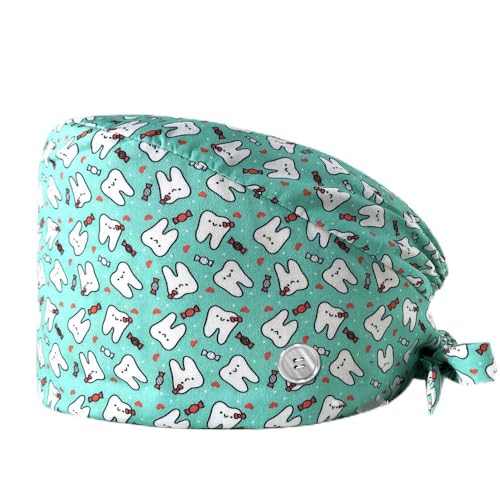 2 Stück Zähne Bedruckte Scrubs Mütze mit Knöpfen Verstellbare Baumwoll Scrub Cap Bouffant Mütze Frauen Scrubs Hüte Unisex Stillkopfbedeckung,B,Einheitsgröße von SMTSEC