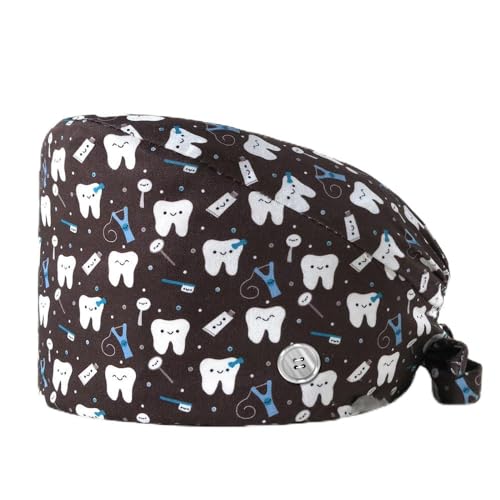 2 Stück Zähne Bedruckte Scrubs Mütze mit Knöpfen Verstellbare Baumwoll Scrub Cap Bouffant Mütze Frauen Scrubs Hüte Unisex Stillkopfbedeckung,F,Einheitsgröße von SMTSEC