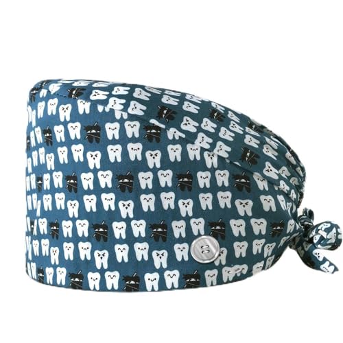 2 Stück Zähne Bedruckte Scrub Mütze Mit Knöpfen - Verstellbare Baumwoll Bouffant Kopfbedeckung - Unisex Stillkappe Für Frauen, G, Einheitsgröße von SMTSEC