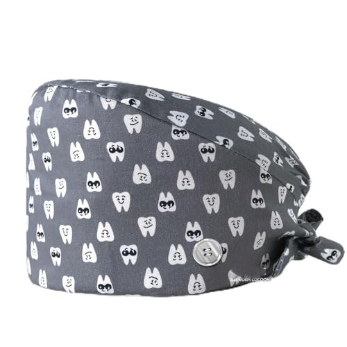 2 Stück Zähne Bedruckte Scrubs Mütze mit Knöpfen Verstellbare Baumwoll Scrub Cap Bouffant Mütze Frauen Scrubs Hüte Unisex Stillkopfbedeckung,H,Einheitsgröße von SMTSEC