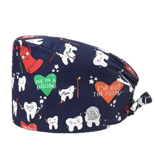 2 Stück Zähne Bedruckte Scrubs Mütze mit Knöpfen Verstellbare Baumwoll Scrub Cap Bouffant Mütze Frauen Scrubs Hüte Unisex Stillkopfbedeckung K Einheitsgröße von SMTSEC