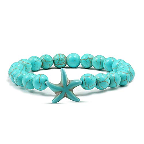 Armband Aus Natürlichem Türkis Blaue Armreifen mit Seestern Charme Böhmisches Elastisches Freundschaftsarmband Sommer Strand Surf Armreifen für Männer und Frauen Blau von SMTSEC