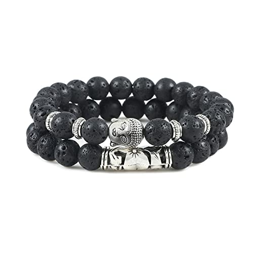 Boho Armbänder,2 Stück/Set Buddha Kopf Armband für Damen und Herren,Natürlicher Tigerauge Lavastein,Yoga Perlen Armband,Mehrschichtiger Perlen Armreif,Boho Lotus Charm Armband,Lavastein von SMTSEC