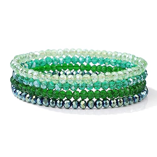 Boho Armbänder,4 Stück/Set Kristall Armbänder für Damen und Mädchen Mehrlagig Stapelbar Perlenarmband Set Grün Verstellbarer Stretch Armreif Freundschaftsarmband von SMTSEC