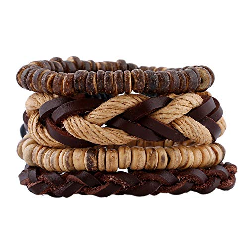 Lederarmbänder,Braunes Geflochtenes Armband Set 4 Stück/Set Vintage Mehrschichtiges Lederarmband Set Handgefertigt Gewebter Armreif Holzperlen Perlen Wickelarmbänder für Männer Frauen von SMTSEC