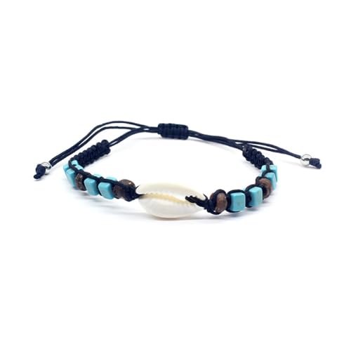 SMTSEC 4Mm Quadratisches Türkises Perlenarmband Mode Muschelanhänger Boho Armreif Unisex Schwarz Handgeflochtenes Seil Strandarmband Mode Verstellbar Marine Thema Charm Armband von SMTSEC
