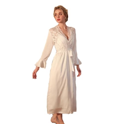 Blumen Spitzen Kimono für Damen,Seidiger Satin Bademantel aus Netzstoff Morgenmantel mit Romantischem Französischen Rüschen Nachthemd Leichter Sommerbademantel für Hochzeitsfeiern Weiß,M von SMTSEC