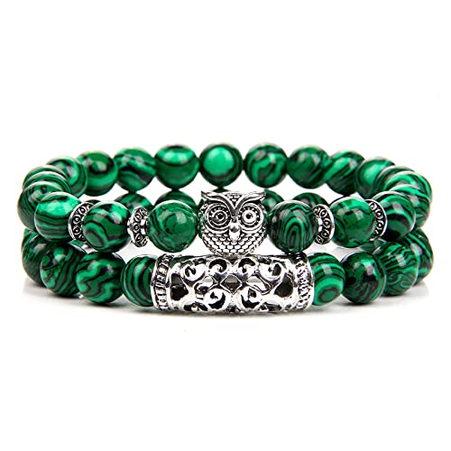 SMTSEC Boho Armbänder,Klassisches Eulen Charm Armband 8 Mm Natürlicher Grüner Malachit Stein Perlenarmband Mehrschichtiges Perlenarmband Energie Meditation Yoga Armreif für Damen und Herren von SMTSEC