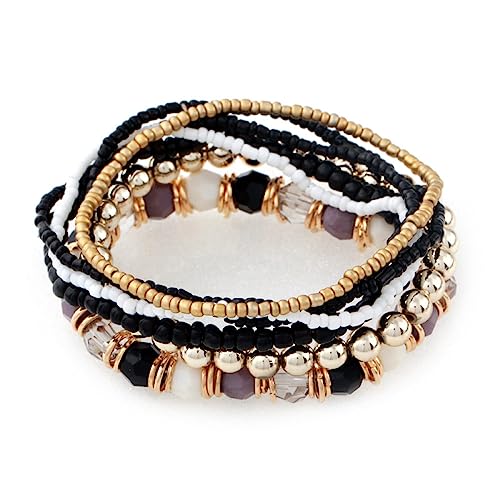 Boho Armbänder,Stapelbares Perlenarmband für Frauen und Mädchen,Bohemian Perlenarmband Set,Boho Stretch Armreif,Kristallperlen,Glücksschutz Armband für Urlaub,Strand,Schwarz von SMTSEC
