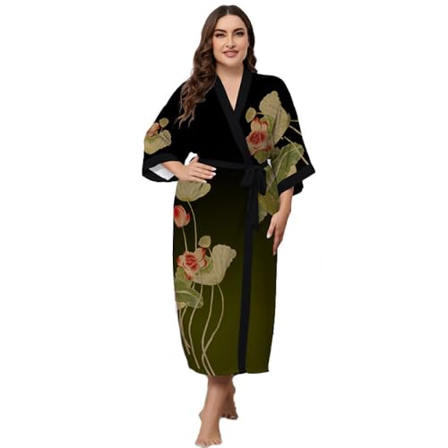 Damen Kimono in Übergröße Langer Bademantel mit Blumendruck Seidiges Satin Nachthemd Leichter Morgenmantel mit V ausschnitt Weiches Loungewear Nachthemd Schwarz2,Einheitsgröße von SMTSEC