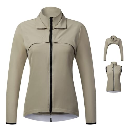 SMTSEC Fahrradjacke Damen Wasserdicht Atmungsaktiv 2 In 1 Fahrradweste Mit Abnehmbaren Ärmeln UV-Schutz Laufjacke Fahrrad Regenjacke Reflektierende Winddicht Radjacke Radsport Jacke,Khaki-XS von SMTSEC