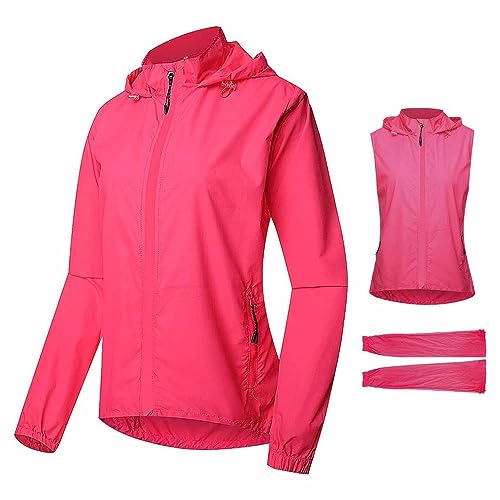 SMTSEC Fahrradjacke Damen Winddicht Wasserdicht 2 In 1 Fahrradweste Mit Abnehmbaren Ärmeln UV-Schutz Laufjacke Fahrrad Regenjacke Reflektierende Atmungsaktive Radjacke Radsport Jacke,Pink-3XL von SMTSEC