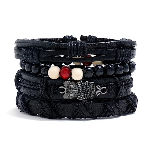 SMTSEC Lederarmbänder,Süßes Eulen Armband Mehrschichtiges Geflochtenes Lederarmband Set Vintage Boho Charm Armreifen Schwarze Perlen Elastisches Armband für Männer Frauen von SMTSEC