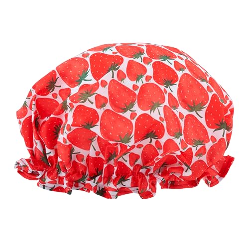 SMUG Duschhaube – wasserdichte Duschhaube mit elastischem Futter – drei Drucke erhältlich – Duschen, Kochen, Spa-Salon, Schlafen, Make-up – Duschhauben für Damen, langes Haar, kurzes Haar, Erdbeere von SMUG