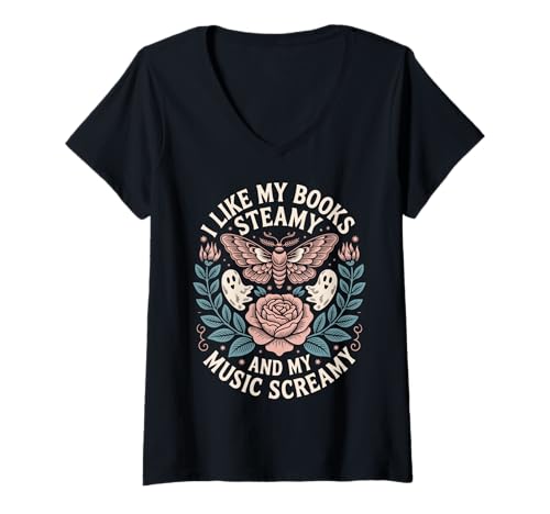 Damen I Like My Books Steamy and My Music Screamy T-Shirt mit V-Ausschnitt von SMUT Liebesroman Metal musik Roman