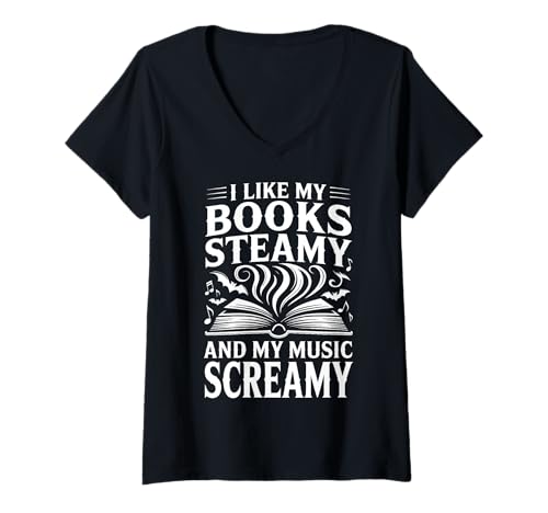 Damen I Like My Books Steamy and My Music Screamy T-Shirt mit V-Ausschnitt von SMUT Liebesroman Metal musik Roman
