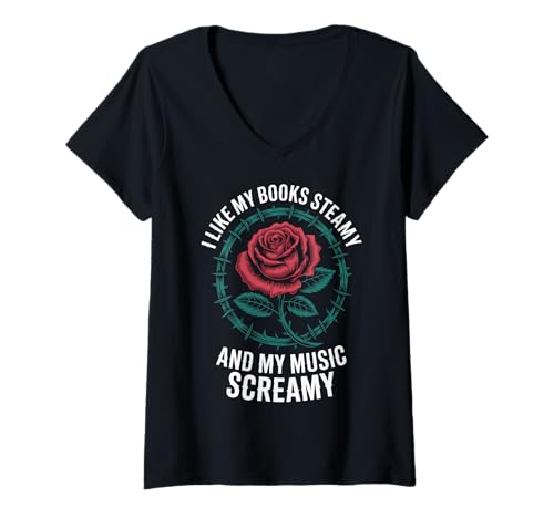 Damen I Like My Books Steamy and My Music Screamy T-Shirt mit V-Ausschnitt von SMUT Liebesroman Metal musik Roman