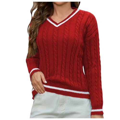 SMUXP Black of Friday Deals Damen V-Ausschnitt Knit Cricket Pullover Langarm Zopfstreifen Strickpullover Stretch Colorblock Pullover Sportswear Jersey Top, Farbe: Rot., XL von SMUXP