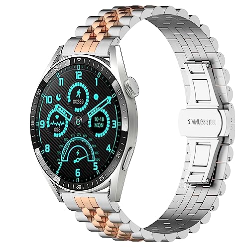 SMYAOSI Edelstahl Uhrenarmband für Aigo GT8 Smartwatch, Ersatz Poliert Metall Matt Gebürstet Armband für Herren Damen Aigo GT8 Strap mit Schmetterlingsschnalle (Silber Roségold Silber) von SMYAOSI