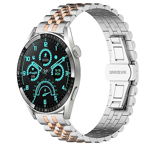 SMYAOSI Edelstahl Uhrenarmband für Aigo GT8 Smartwatch, Ersatz Poliert Metall Matt Gebürstet Armband für Herren Damen Aigo GT8 Strap mit Schmetterlingsschnalle (Silber Roségold Silber-b) von SMYAOSI