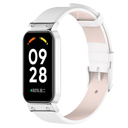 SMYAOSI Leder Armband für Xiaomi Smart Band 8 Active, Elegantes Echtes Lederarmband für Xiaomi Band 8 Active, PU Lederarmbänder für Männer und Frauen für Mi Band 8 Active (Weiß) von SMYAOSI